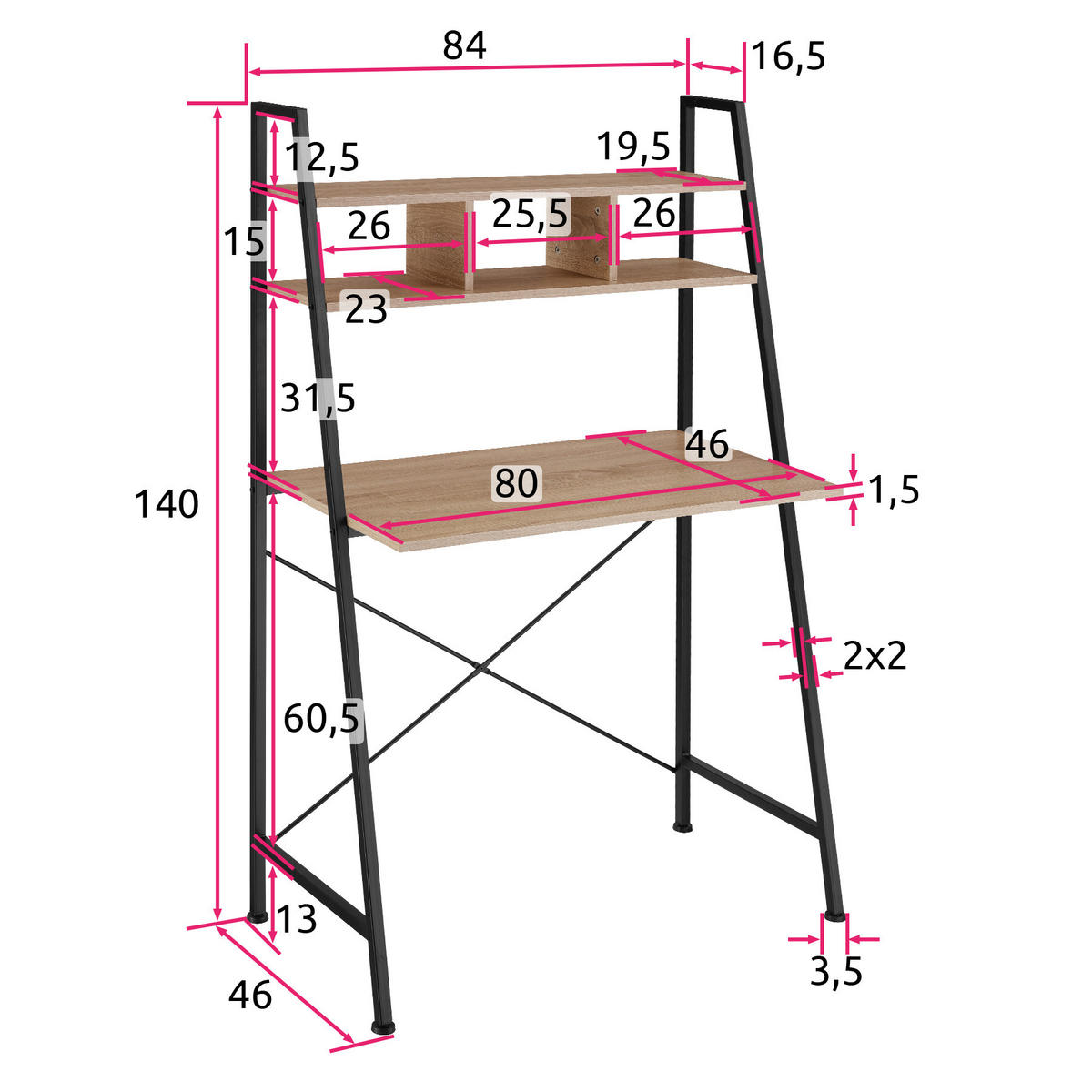 SCHREIBTISCH Exeter,85,5 x 46,5 x 140 cm,Industrial Holz hell, Eiche Sonoma - Naturfarben, Holzwerkstoff (85.5/46.5/140cm) - tectake