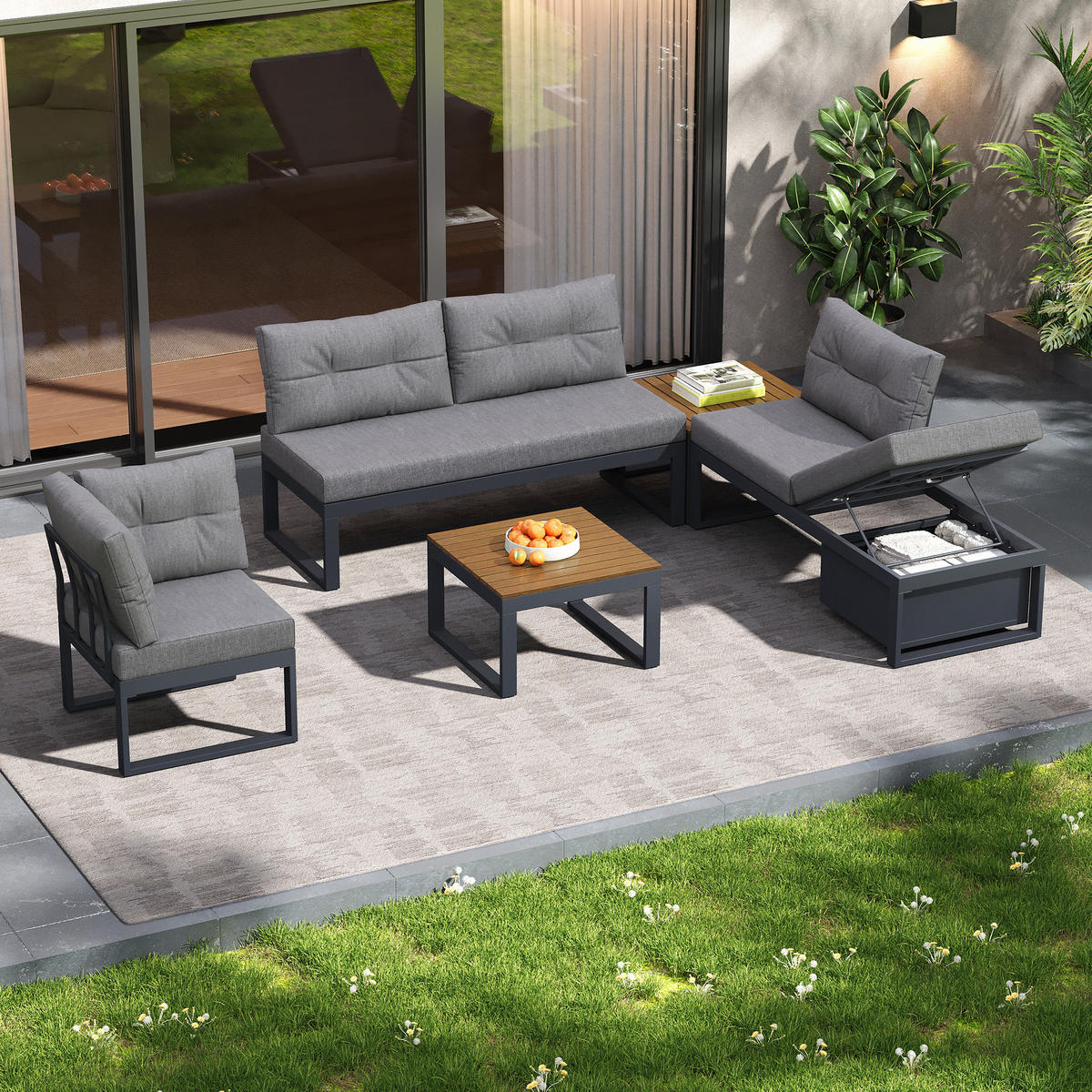 GARTENLOUNGE-SET Gartenmöbelset mit 3-stufig verstellbarer Rückenlehne wetterfester - Naturfarben/Grau, Textil/Metall - STILVORA