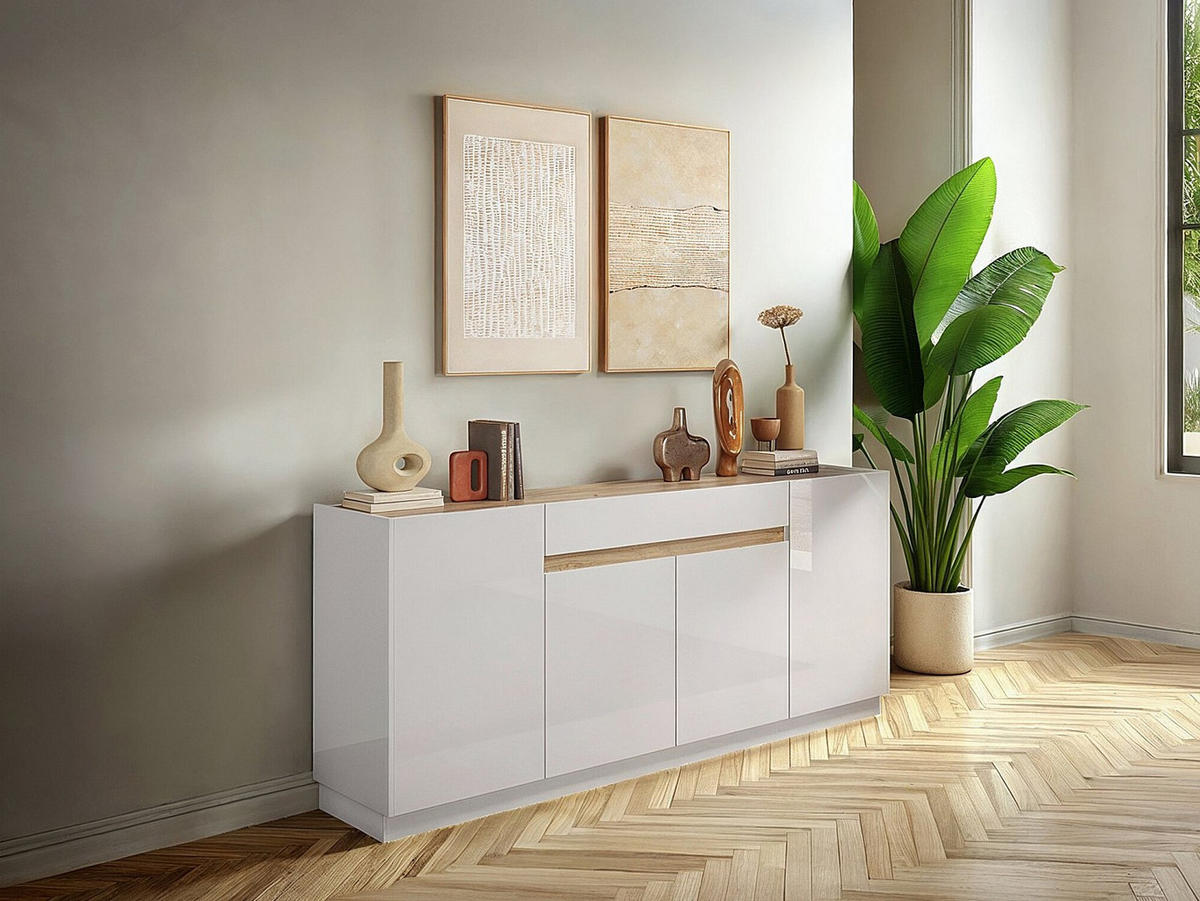 SIDEBOARD mit 4 Türen & 1 Schublade - Weiß & Holzfarben - EMORA - Naturfarben, Holz (205/87/40cm) - Vente-Unique