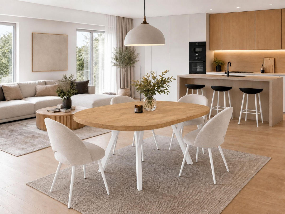 ESSTISCH ausziehbar rund ATO, 100-200 cm, Dekor Lancelot, weiße Holzbeine - Weiß/Braun, Holzwerkstoff/Buchenholz (100/100/77cm) - VENASI MÖBEL