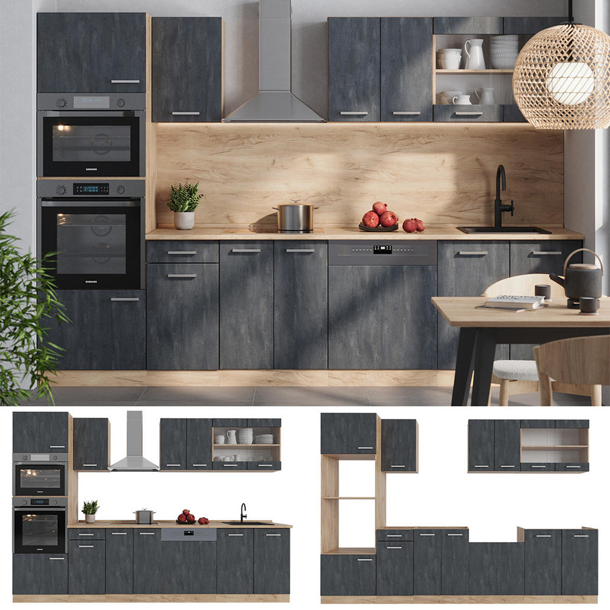 KÜCHENZEILE R-Line Schwarz Beton/Goldkraft Eiche 300 cm AP Marmor - Eiche Wotan/Schwarz, Holzwerkstoff (300/81.6/60cm) - Vicco