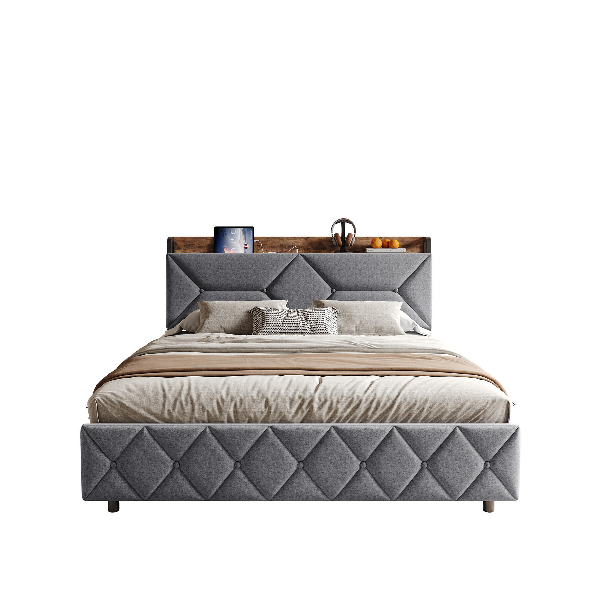 POLSTERBETT 140x200 mit Stauraum, 4 Schubladen und Steckdose, Lattenrost, Kopfteil mit verstecktem Stauraum, Grau - Grau, Holz/Textil (140/200cm) - GENKI LIVING
