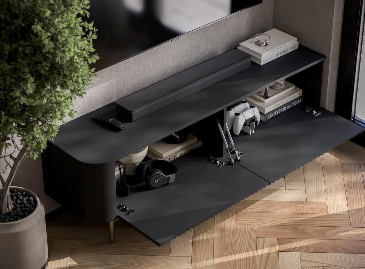 TV komoda Aurora matná čierna 140 cm so zlatým kovovým rámom - čierna/zlatá, kov/kompozitné drevo (140/44/35cm) - Meble Lindner