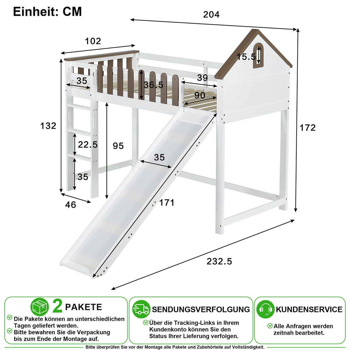 HOCHBETT 90/200 cm in Weiß & Natur mit Rutsche, Leiter und Dach - Weiß, Holz/Holzwerkstoff (90/200cm) - CHICFURN