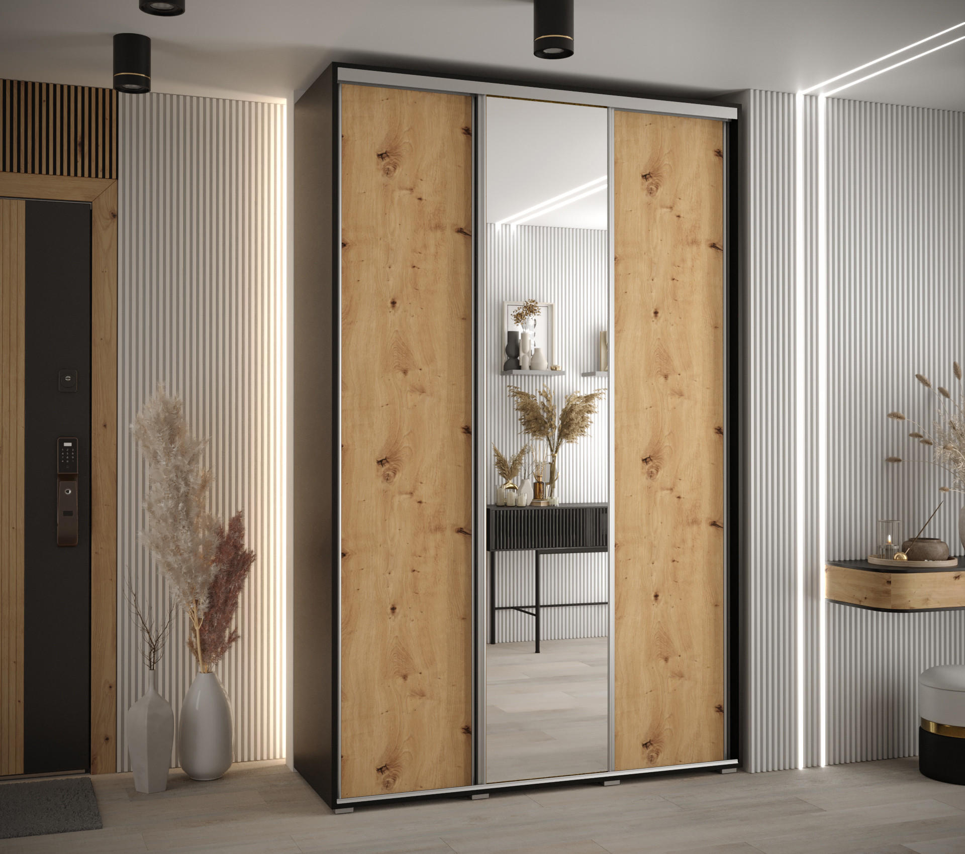 SCHWEBETÜRENSCHRANK 235,2/150/45 3-türig - Silberfarben/Schwarz, Holz/Metall (150/235/45cm) - Abiks Möbel