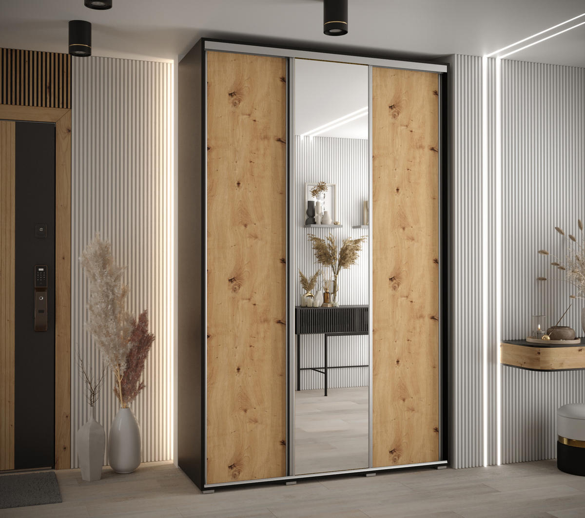 SCHWEBETÜRENSCHRANK 235,2/150/45 3-türig - Silberfarben/Schwarz, Holz/Metall (150/235/45cm) - Abiks Möbel
