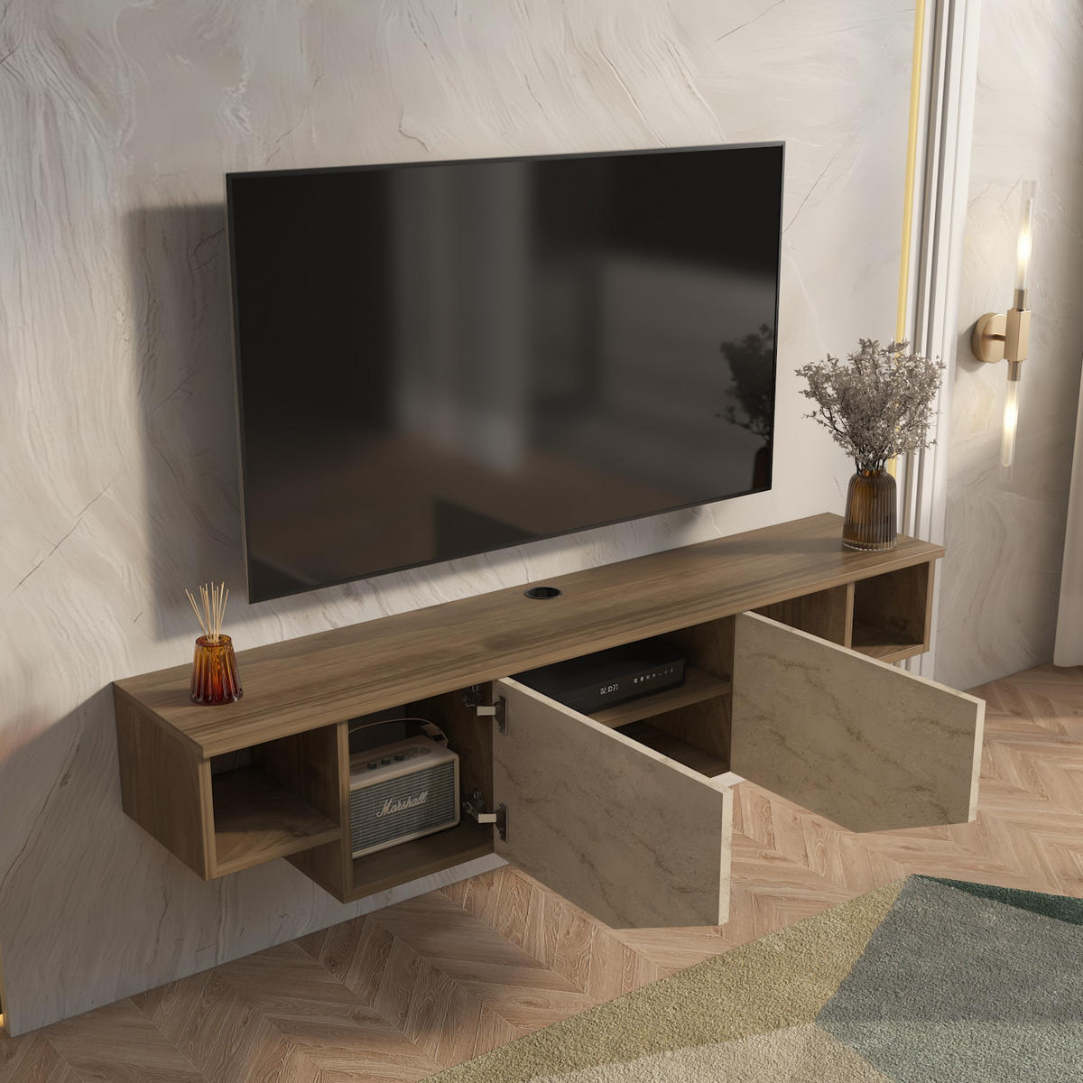 HÄNGENDE TV Einheit Hera Walnuss Travertin - Mokka, Holzwerkstoff (30/12.5/150cm) - Decorotika