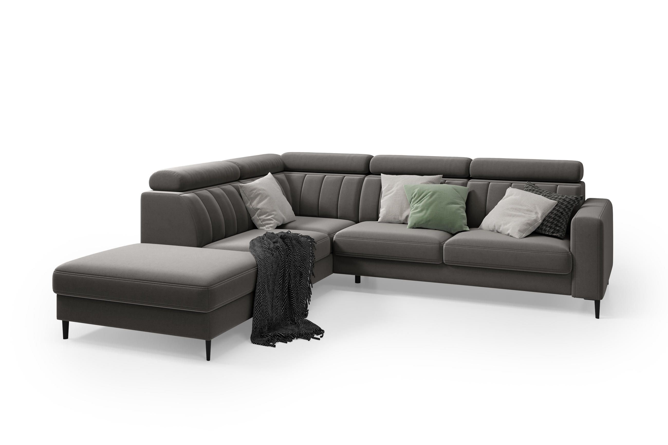 ECKSOFA Wohl links – Grau, mit Schlaffunktion, Bettkasten und verstellbaren Kopfstützen - Grau, Textil (278/263cm)