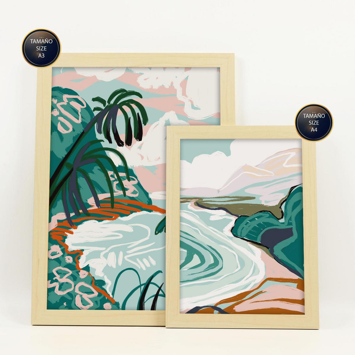 POSTER Set Mit 6 Seashores Frames 1 In Kulissen Abstracts Ästhetische Dekorative Gemälde Für Ihr Wohnzimmer Zuhause A3 & A4 Rahmen Aus Hellem Holz - Beige, Papier (29/3cm) - Nacnic