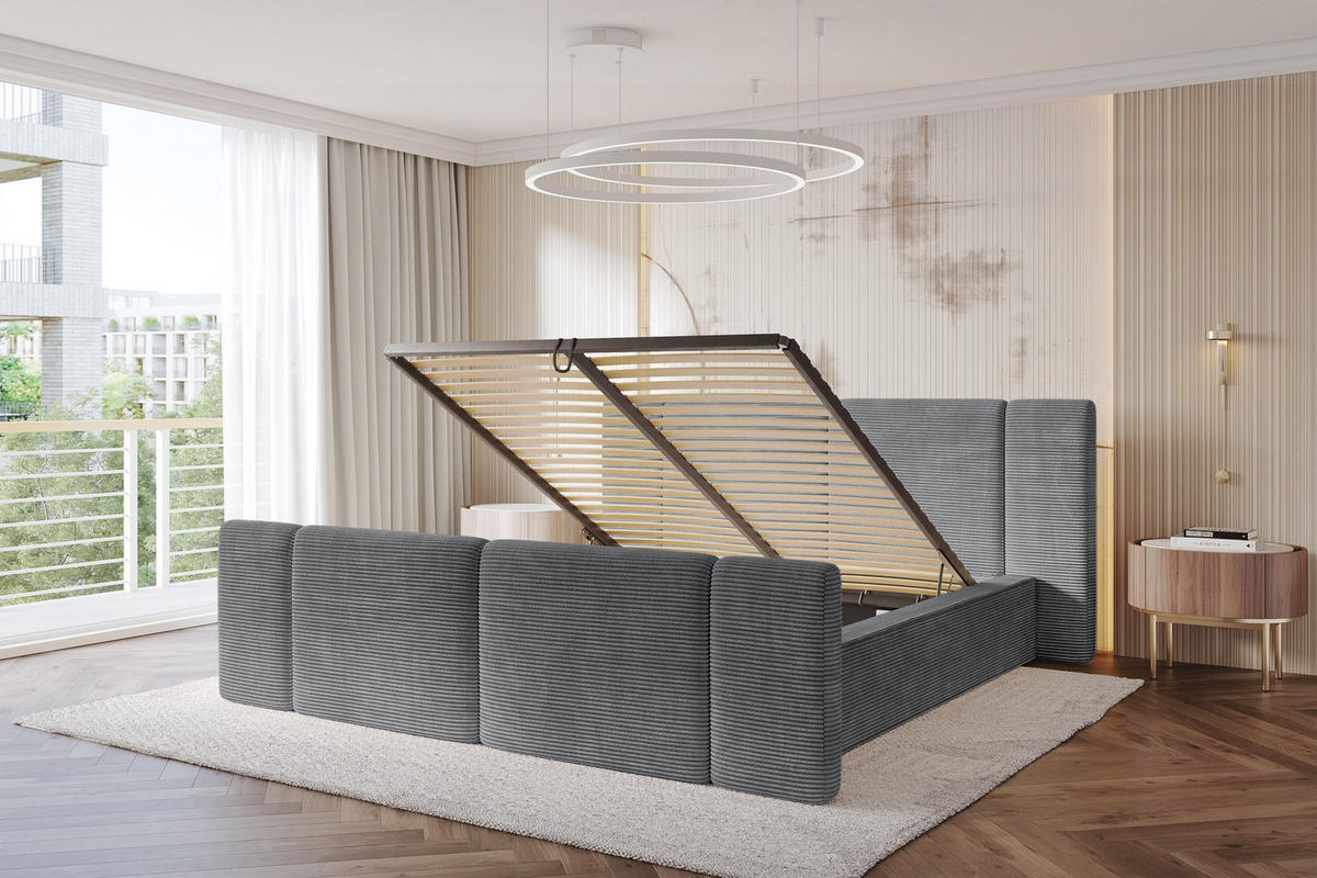 POLSTERBETT mit Bettkasten, Fußteil und Lattenrost, Bett mit Matratze H3/H4 - RIVO-Z 200x200 Dunkelgrau - Graphitfarben, Holzwerkstoff/Textil (200/200cm) - ALTDECOR