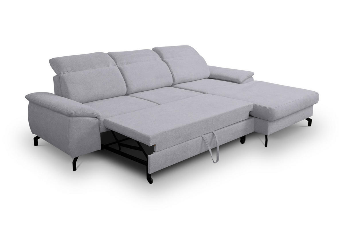 ECKSOFA MALIBU mit Schlaffunktion und Bettkasten, Farbe: Helgrau, Velourstoff, Ottomane Rechts - Hellgrau, Textil (276/184cm) - VENASI MÖBEL