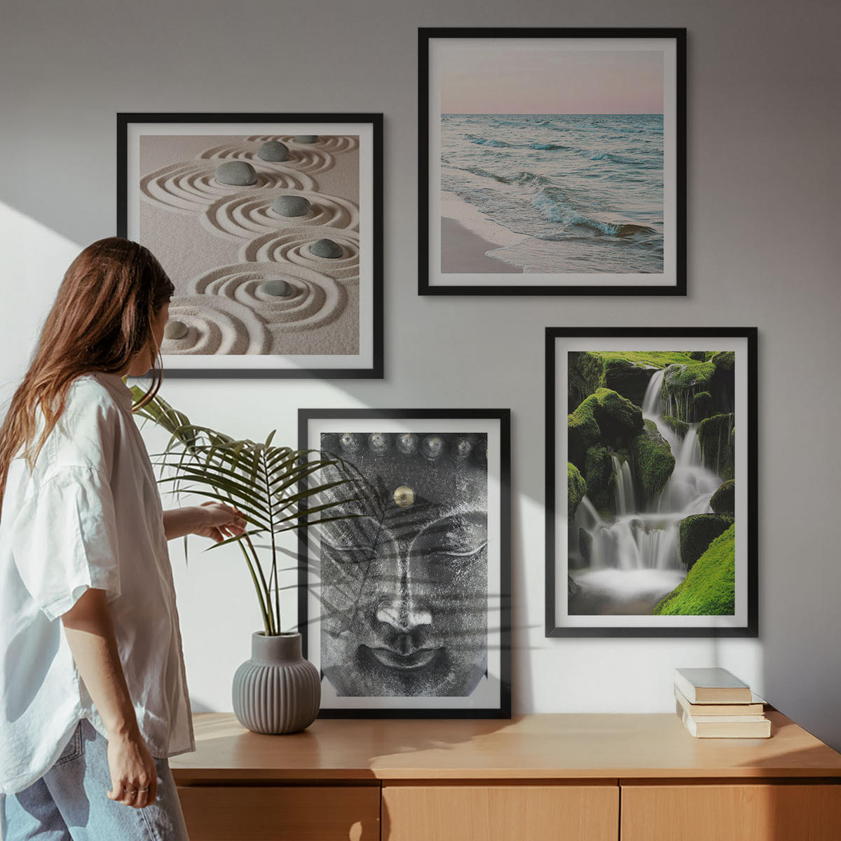 BILDER SET 4er Set - 50x50 cm & 40x60 cm Schwarzer Rahmen - Der Frieden der Natur mit Buddha - Schwarz, Kunststoff (50/50cm) - TULUP