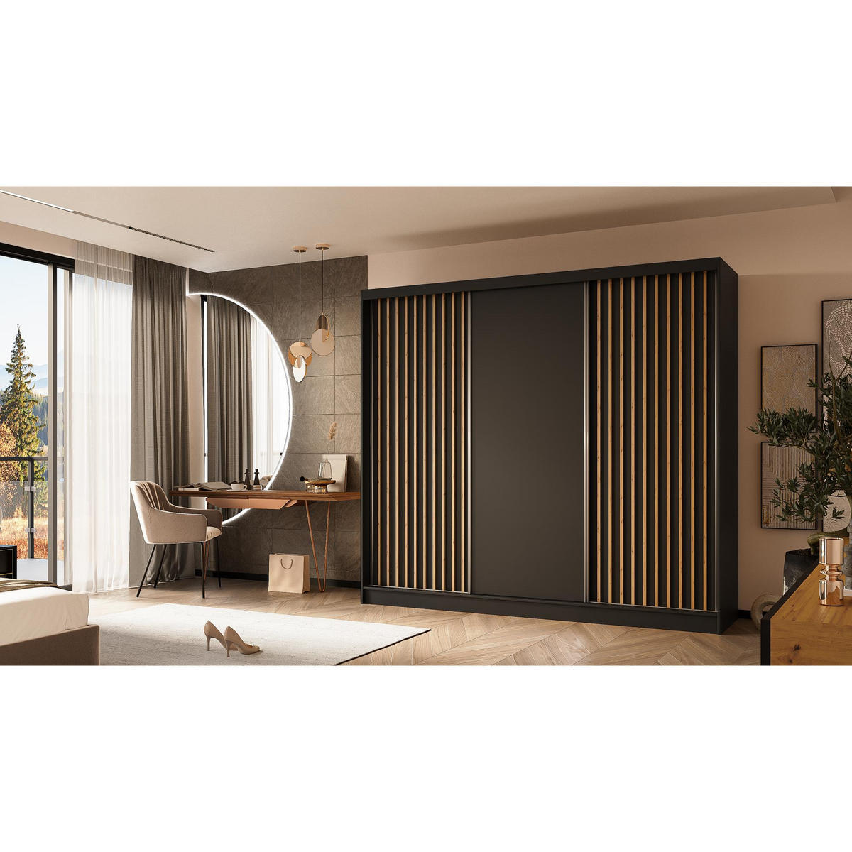 SCHWEBETÜRENSCHRANK Helios 240/216/61 schwarz+eiche Artisan mit Schubladen - Schwarz/Eiche Artisan, Holzwerkstoff (240/216/61cm) - Beautysofa
