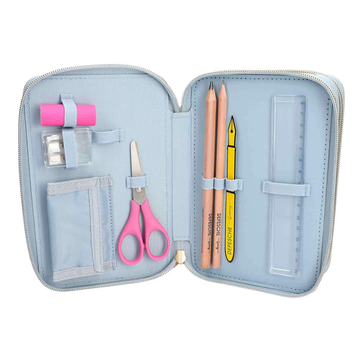 3-FACH FEDERTASCHE FESTIVAL FUN TOPModel hellblau 7,5 x 13 x 20 cm - Hellblau, Kunststoff (13/20/7.5cm) - Depesche Germany