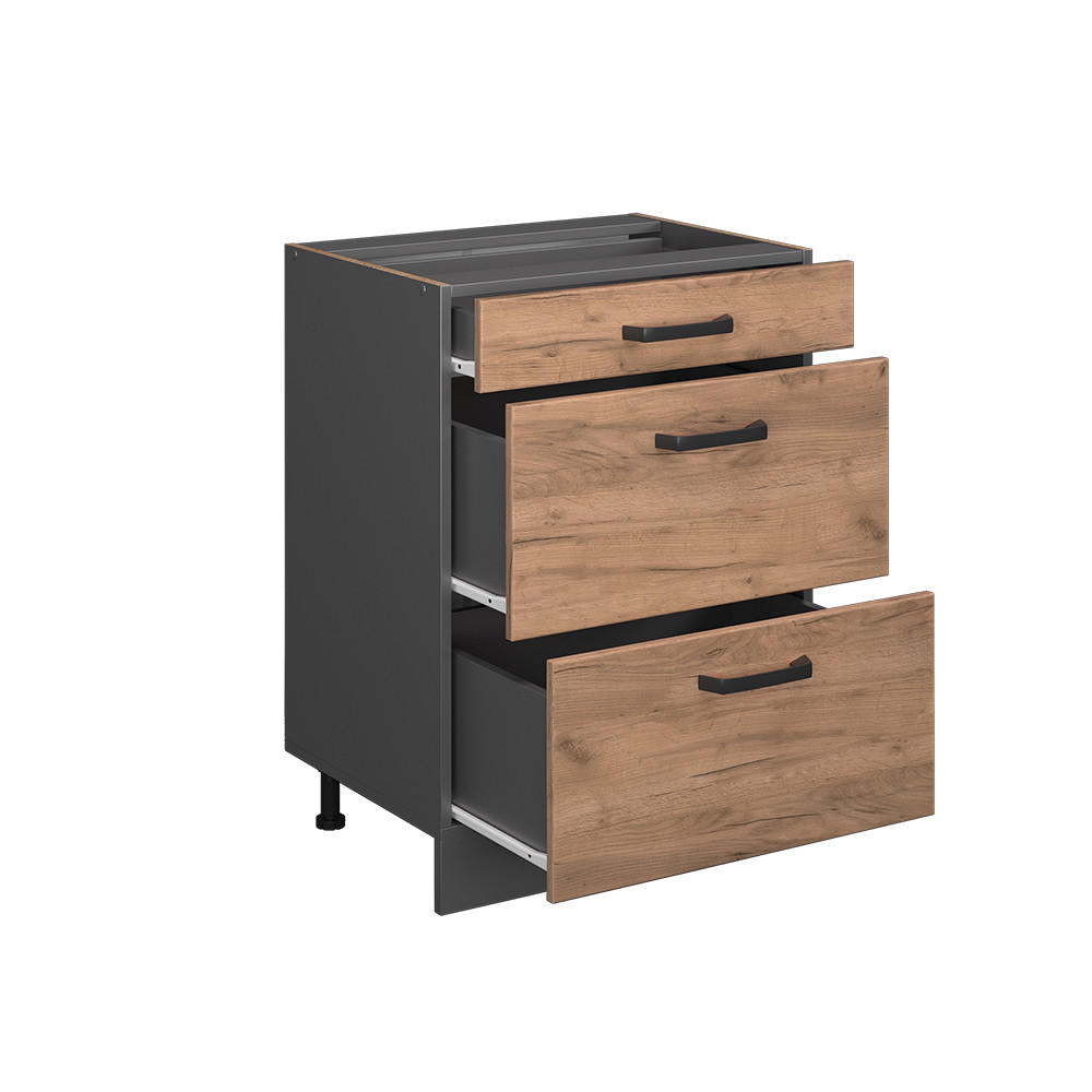KÜCHENUNTERSCHRANK R-Line Goldkraft Eiche 60 cm mit Schubladen ohne AP - Anthrazit/Eiche Wotan, Holzwerkstoff (60/81.6/46cm) - Vicco