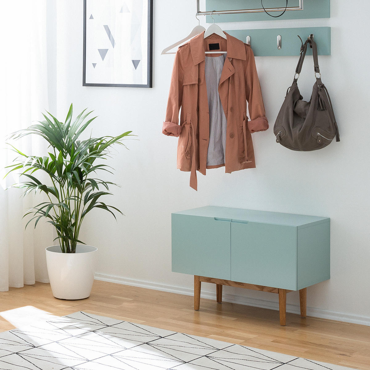 SCHUHKOMMODE - Eichefarben/Mintgrün, Holzwerkstoff (76/52/37cm) - home24