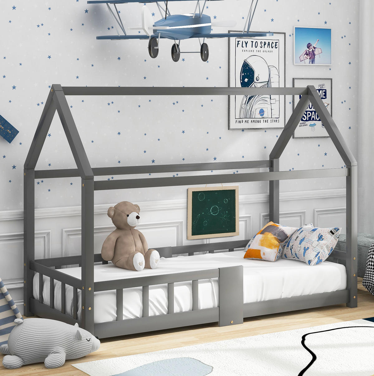 HAUSBETT 90/200 cm Grau aus Kiefer Massivholz mit Tafel und Rausfallschutz - Grau, Holzwerkstoff (90/200cm) - OKWISH