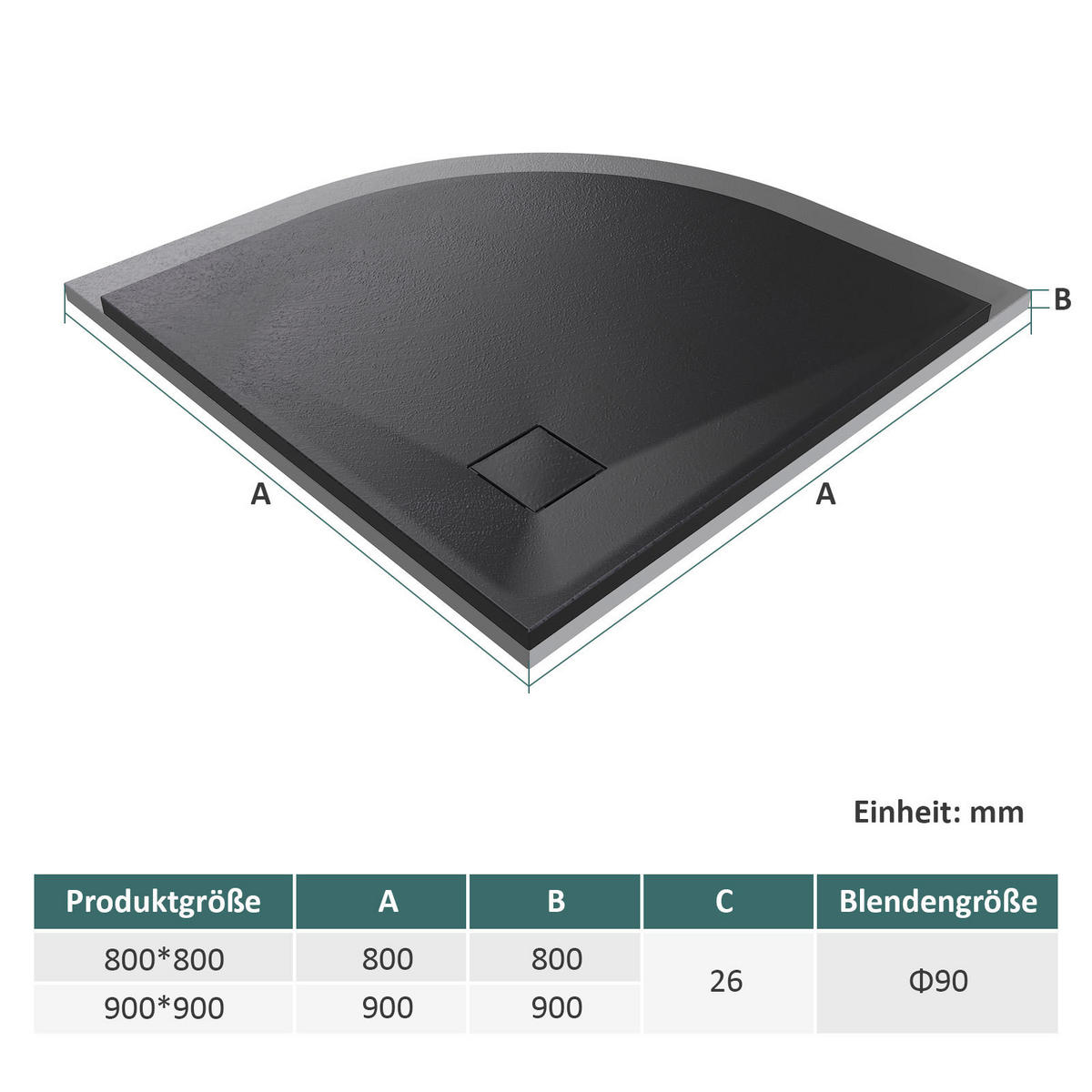 DUSCHWANNE Viertelkreis mit rutschhemmender Oberfläche 80/80 cm, Schwarz - Schwarz, Naturmaterialen (80/2.6/80cm) - EMKE