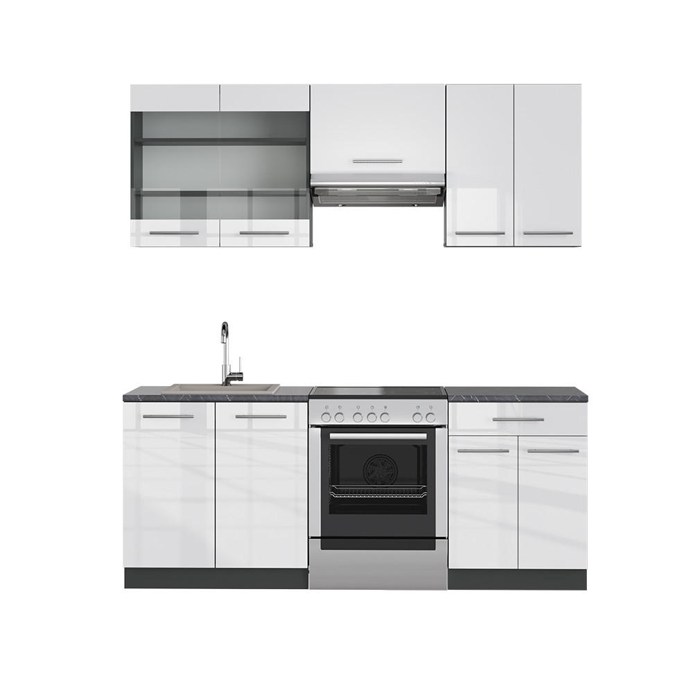 KÜCHENZEILE Fame-Line Weiß Hochglanz/Anthrazit 200 cm, AP Anthrazit - Weiß Hochglanz/Anthrazit, Holzwerkstoff (200/81.6/60cm) - Vicco