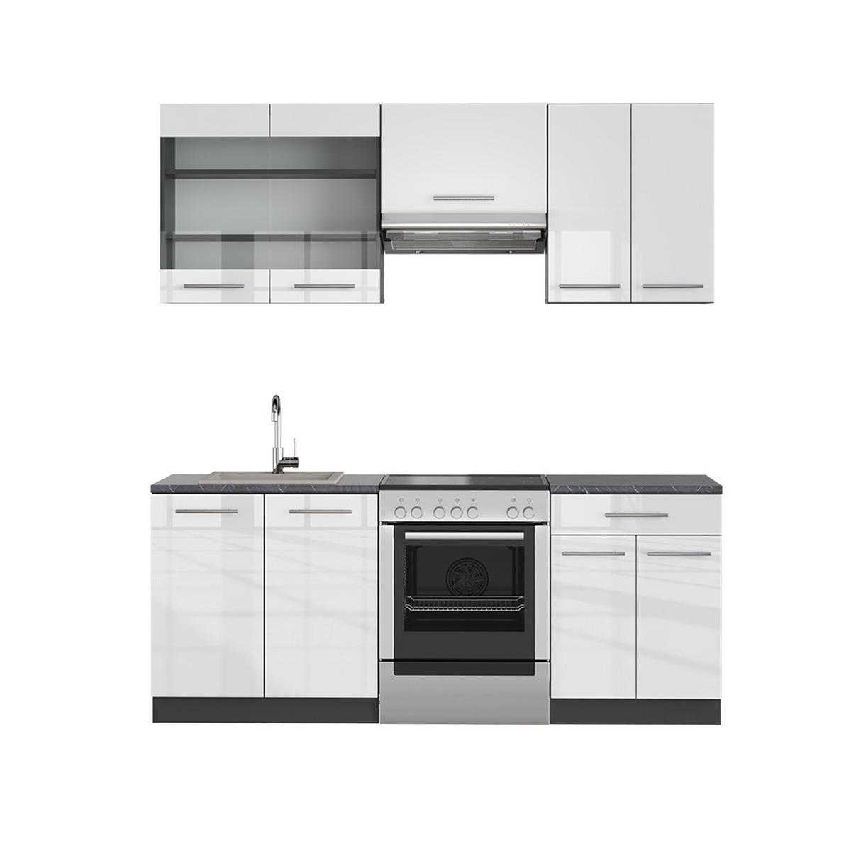 KÜCHENZEILE Fame-Line Weiß Hochglanz/Anthrazit 200 cm, AP Anthrazit - Weiß Hochglanz/Anthrazit, Holzwerkstoff (200/81.6/60cm) - Vicco