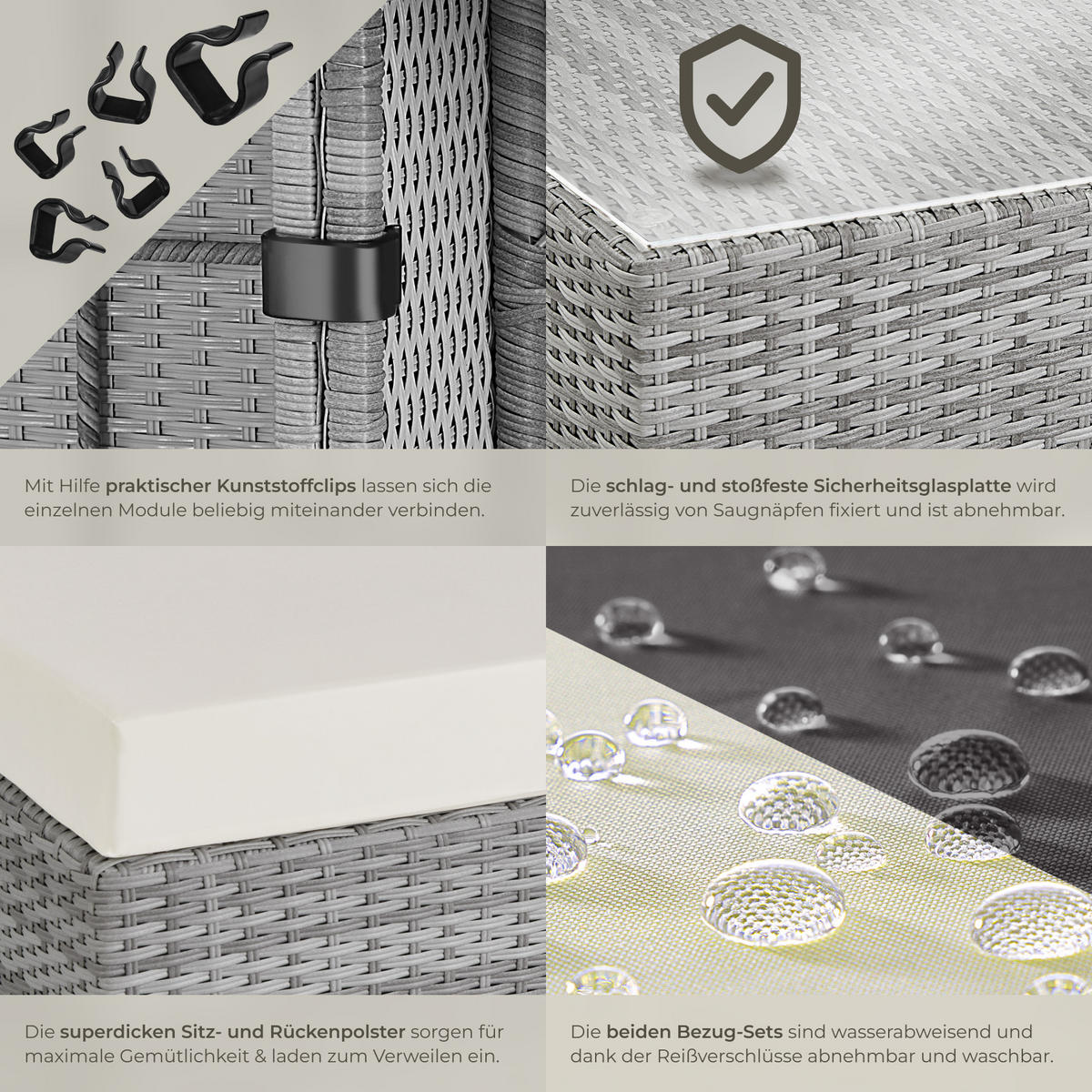 RATTANLOUNGE , mit Sicherheitsglasplatte, hellgrau - Hellgrau, Kunststoff - tectake