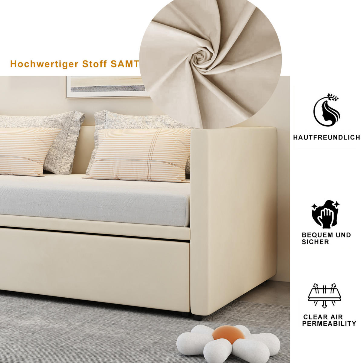 POLSTERBETT 90/180x200 cm, Ausziehbares Bett, mit 2 Armlehnen und Lattenrost, Samtstoff, Beige - Beige, Holz (180/200cm) - BRILVERDE