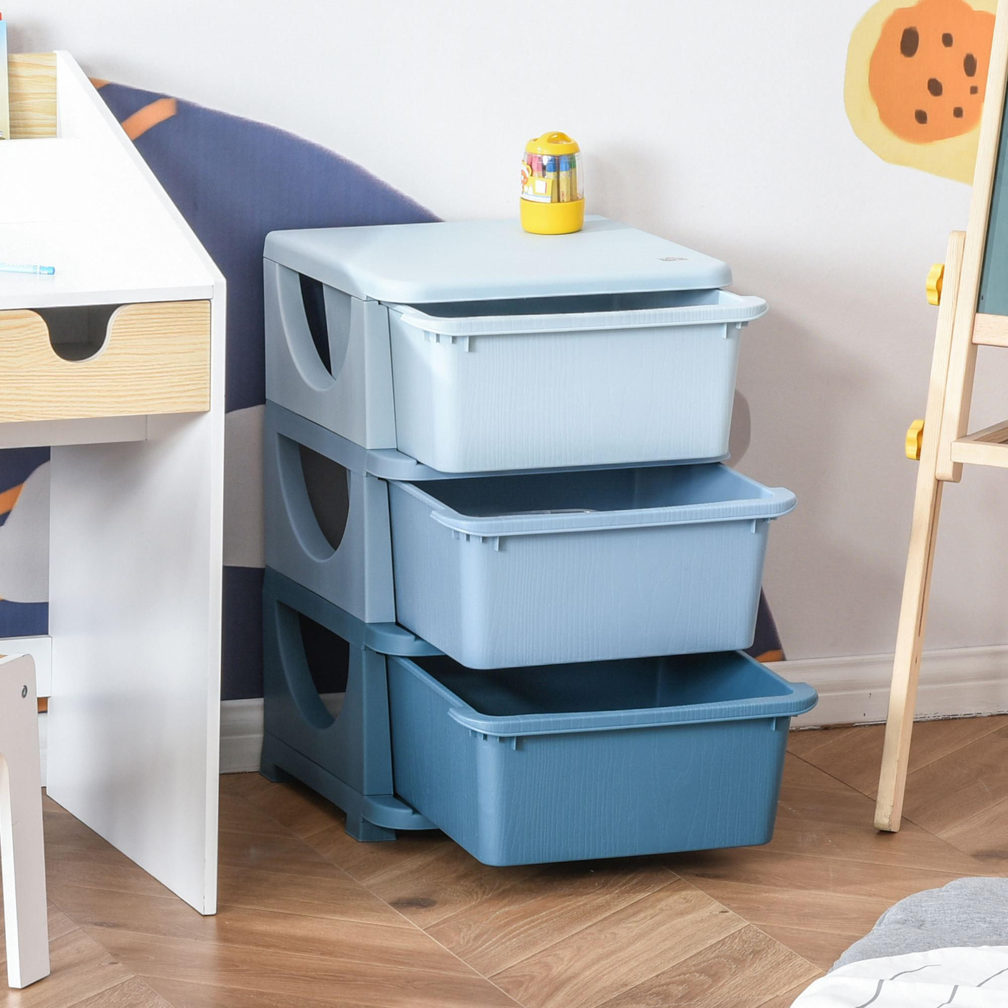 AUFBEWAHRUNGSBOXEN für Kinder, 3 große Schubladen, Kunststoff, Blau - Blau, Kunststoff (37/56.5/37cm) - HOMCOM