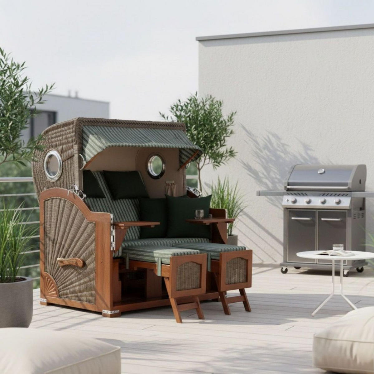 STRANDKORB Komplettset: Ammersee Grande XL Mahagoni Bullauge - PE grau - Modell 504 - Grau/Grün, Holz/Kunststoff (142/165/95cm) - bene living