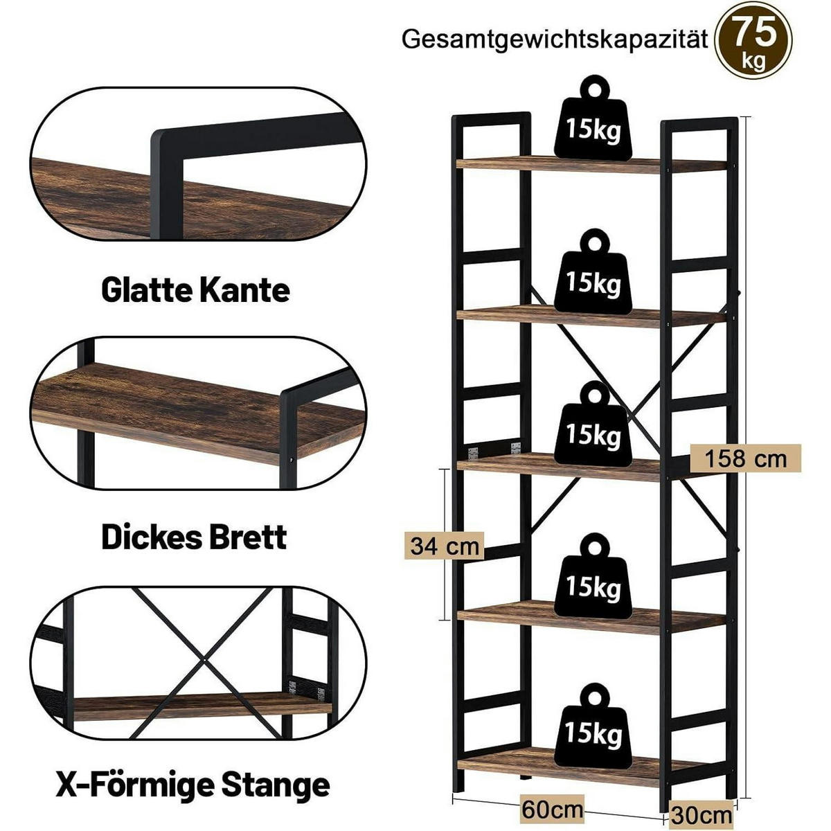 BÜCHERREGAL Standregal Holz Vintagebraun-schwarz 30 x 60 x 158 cm - Multicolor, Holzwerkstoff (30/158/60cm)