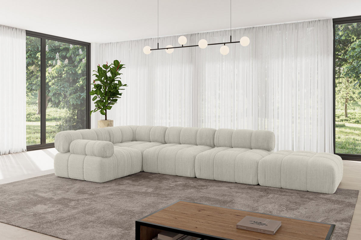 ECKSOFA modulares Sofa Felto-L2 - 380x190x70 cm Creme Cord - Hellgrau/Creme, Holzwerkstoff/Textil (380/190cm) - ALTDECOR