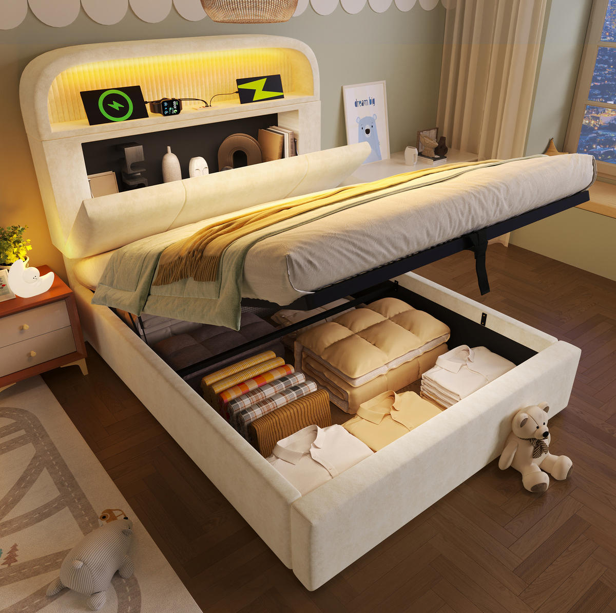 SAMT-POLSTERBETT 90/200 cm mit Bettkasten, LED-Beleuchtung und Ladestation - Beige, Textil (90/200cm) - BEAOK