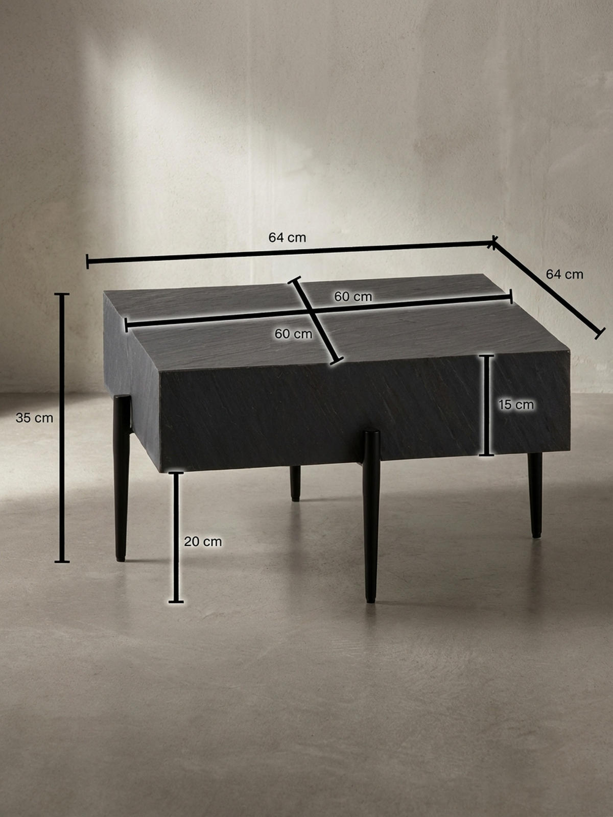 COUCHTISCH Quadratisch Anthrazit Steinoptik Metall 64x64x35 cm Modern Massiv - Schwarz/Grau, Holz/Metall (64/64/35cm) - KADIMA DESIGN