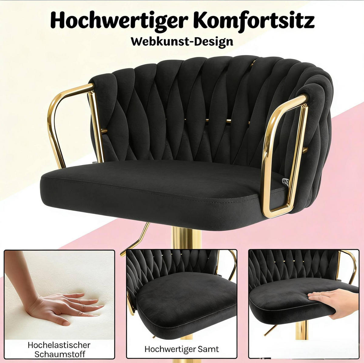 BARHOCKER höhenverstellbar drehbar Samt Schwarz - Schwarz, Metall (49.5/98/50.5cm) - Meubliv