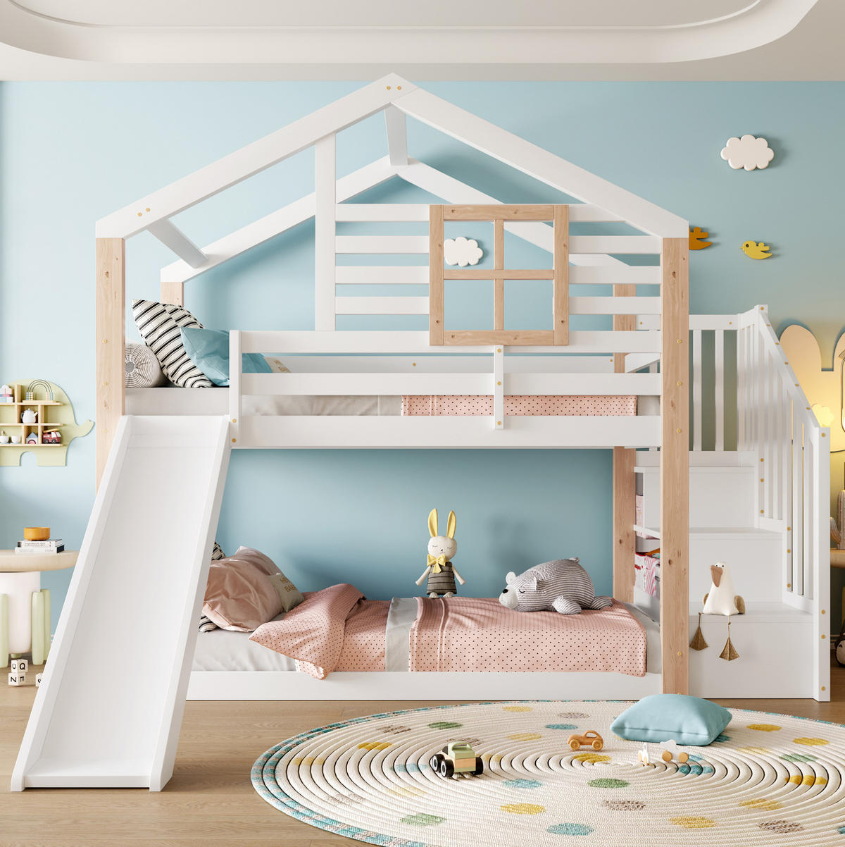 POSCHODOVÁ posteľ 90/200 cm biela so šmykľavkou, schodmi s úložným priestorom a z dreva - biela, drevo (90/200cm) - OKWISH