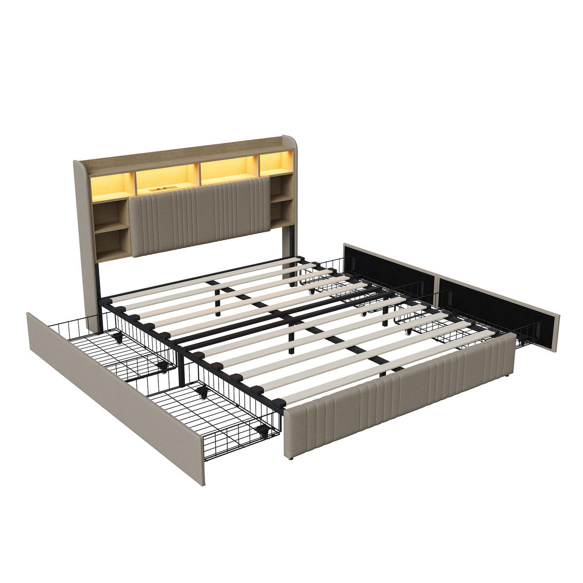 POLSTERBETT 160/200 cm Beige mit 4 Schubladen, LED-Kopfteil mit Ablage und USB - Beige, Metall (160/200cm) - EuroLiving