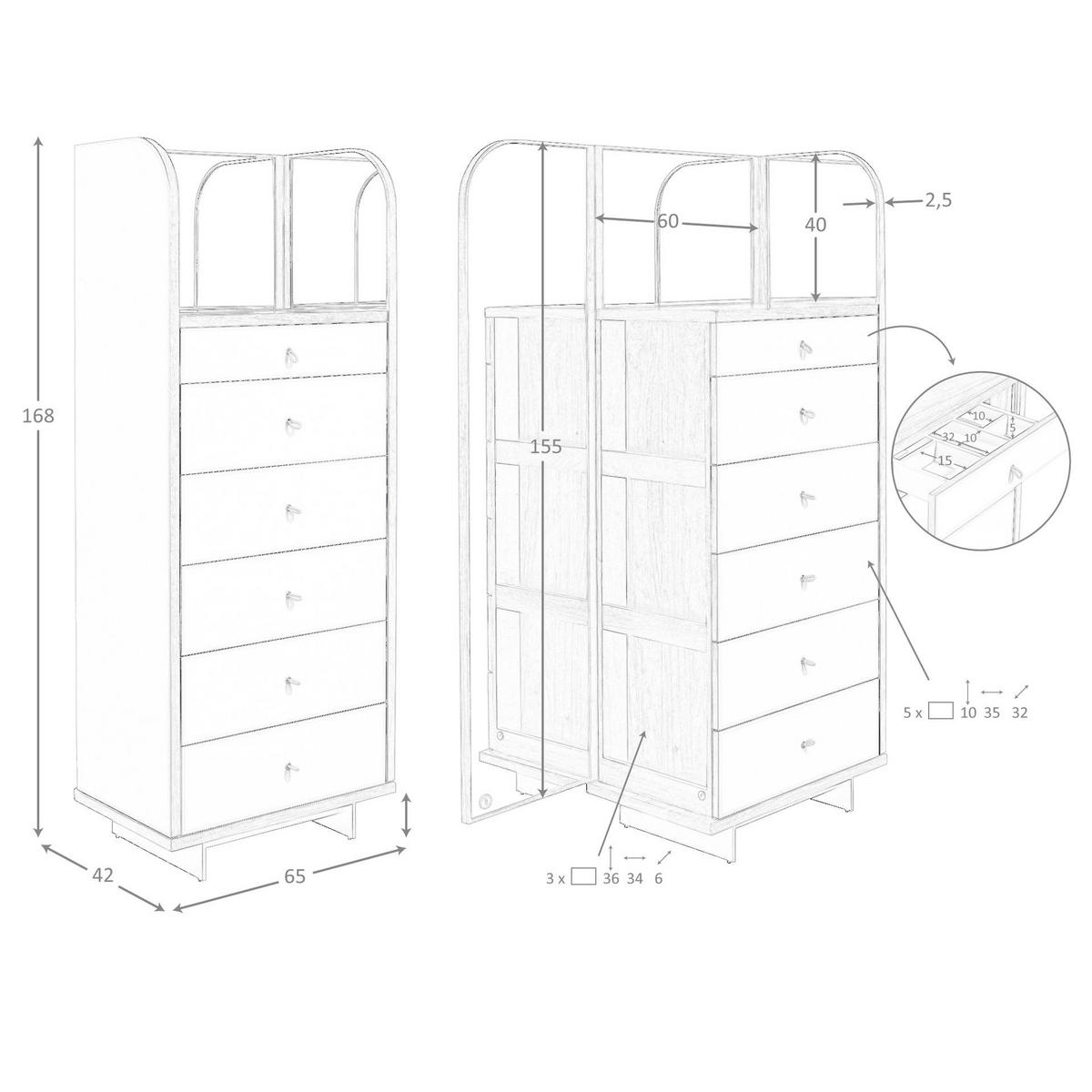 HIGHBOARD Chifonier Leder, Nussbaum und polierter Stahl mit Spiegel 65/42/168 cm - Silberfarben/Walnussfarben, Leder/Holz (65/168/42cm) - ANGEL CERDA