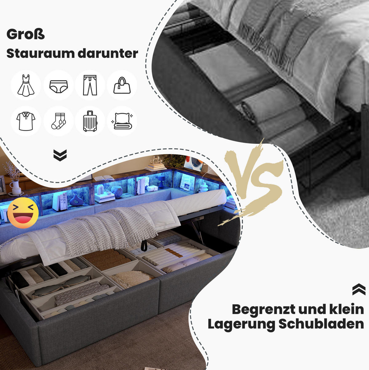 ČALOUNĚNÁ postel 90/200 cm s USB a Type-C porty, LED osvětlením a hydraulickým úložným prostorem, Šedá - šedá, textil (90/200cm) - Redom