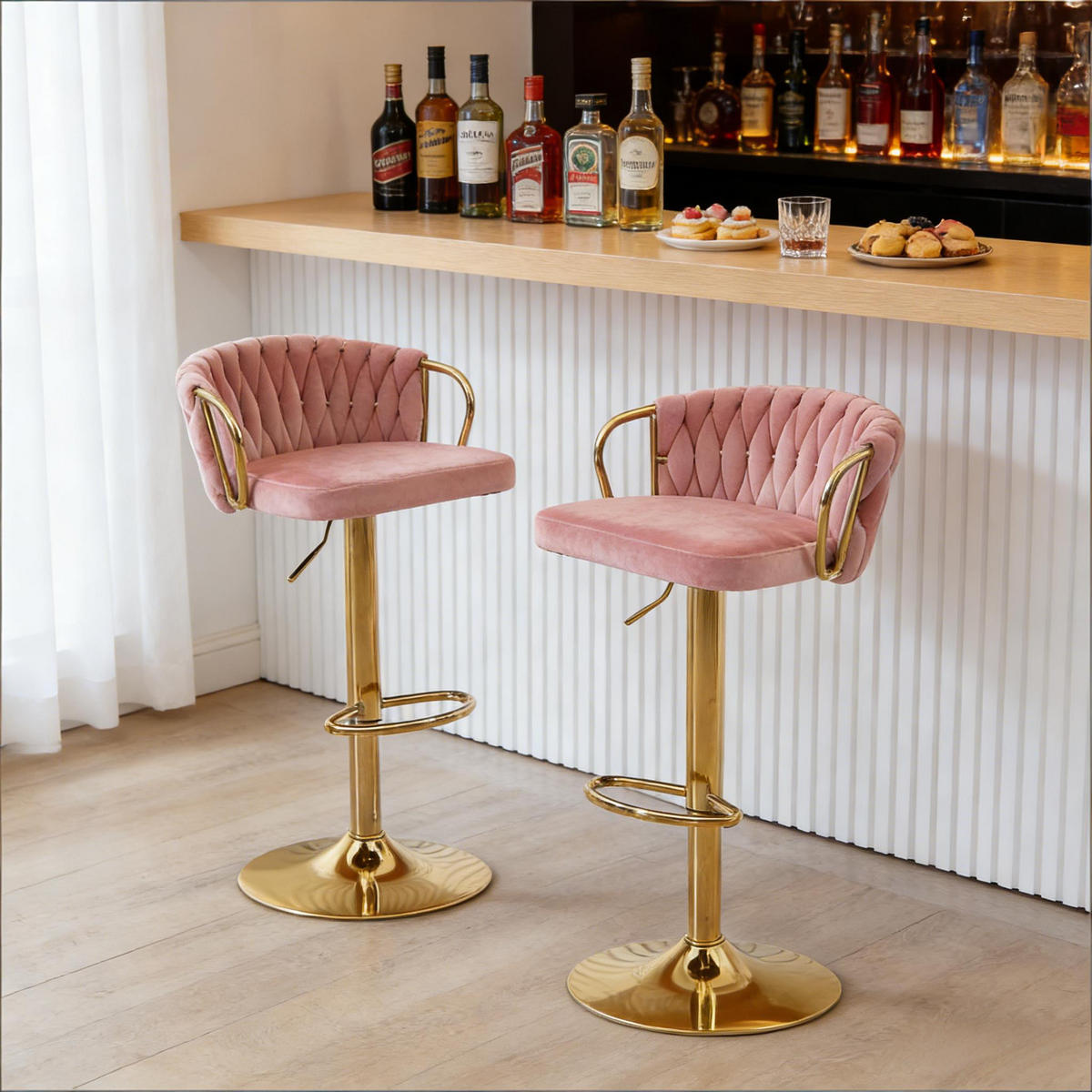 BARHOCKER 2er-Set Rosa mit Samtbezug drehbar & höhenverstellbar - Pink, Metall (50.5/98/49.5cm) - PANGIVO