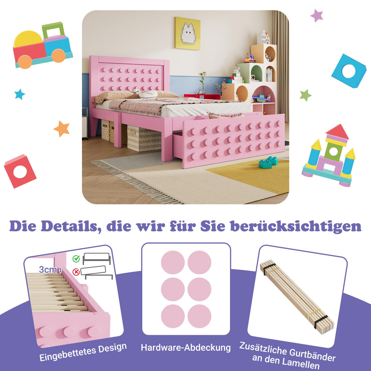 KINDERBETT, 1 Stauraumschublade, Block-Design, 90x200cm, Rosa - Rosa, Holz (90/200cm) - OKWISH