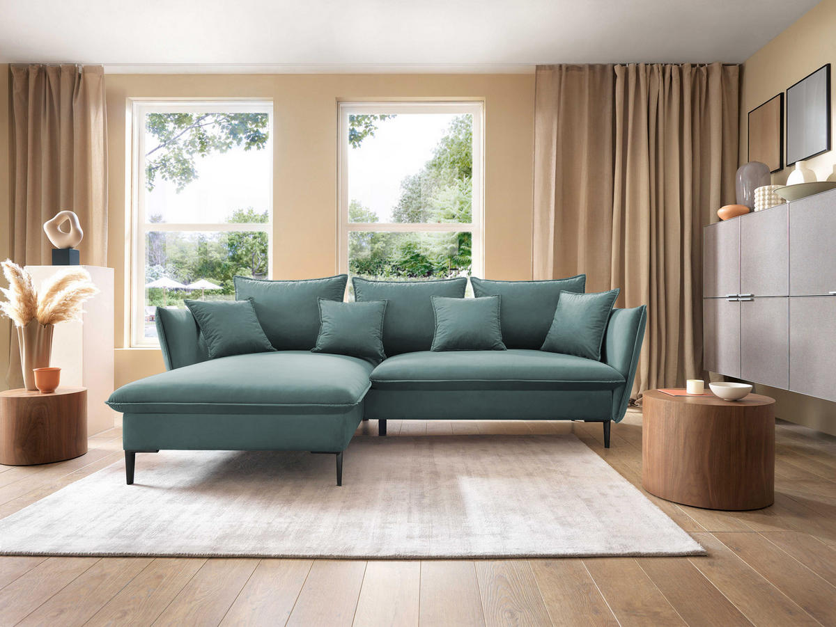 ECKSOFA GLOSS mit Schlaffunktion, Ottomane & goldenen Füßen – Samtsofa im GLOSSour-Stil mit Zierkissen, 258x167x91cm, Linke, BLAU - Hellgrau, Holz/Textil (167/258cm) - DomoHome