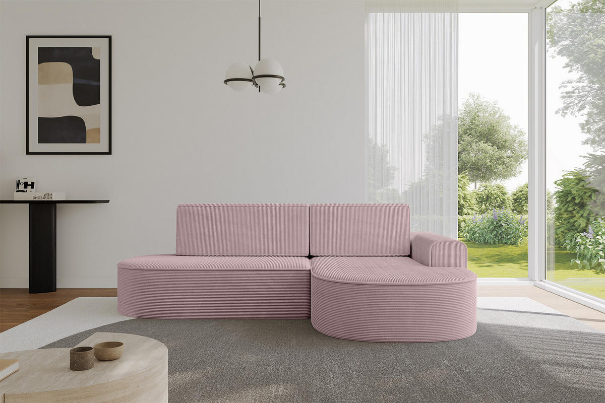 ECKSOFA mit Schlaffunktion und Bettkasten Ottomane Rechts MARI-L1-S - 283x167x73 cm Rosa Cord - Schwarz/Rosa, Holzwerkstoff/Kunststoff (167/283cm) - ALTDECOR