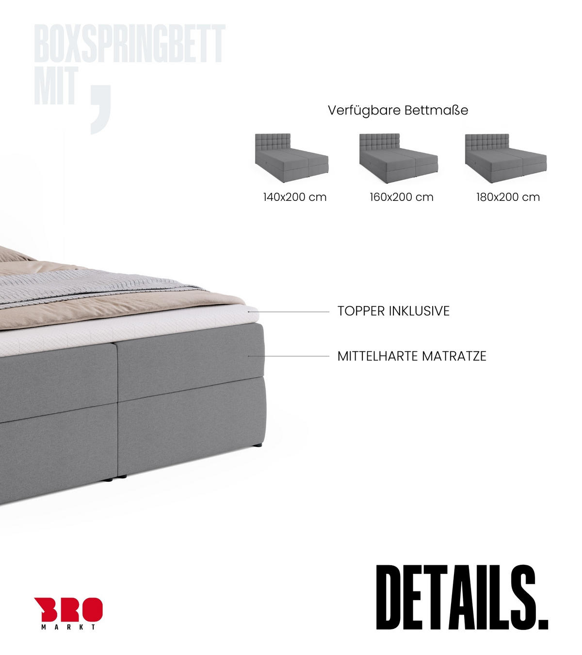 BOXBETT Dakota mit Topper 140/200 Hellgrau - Hellgrau, Textil (140/200cm) - Bromarkt