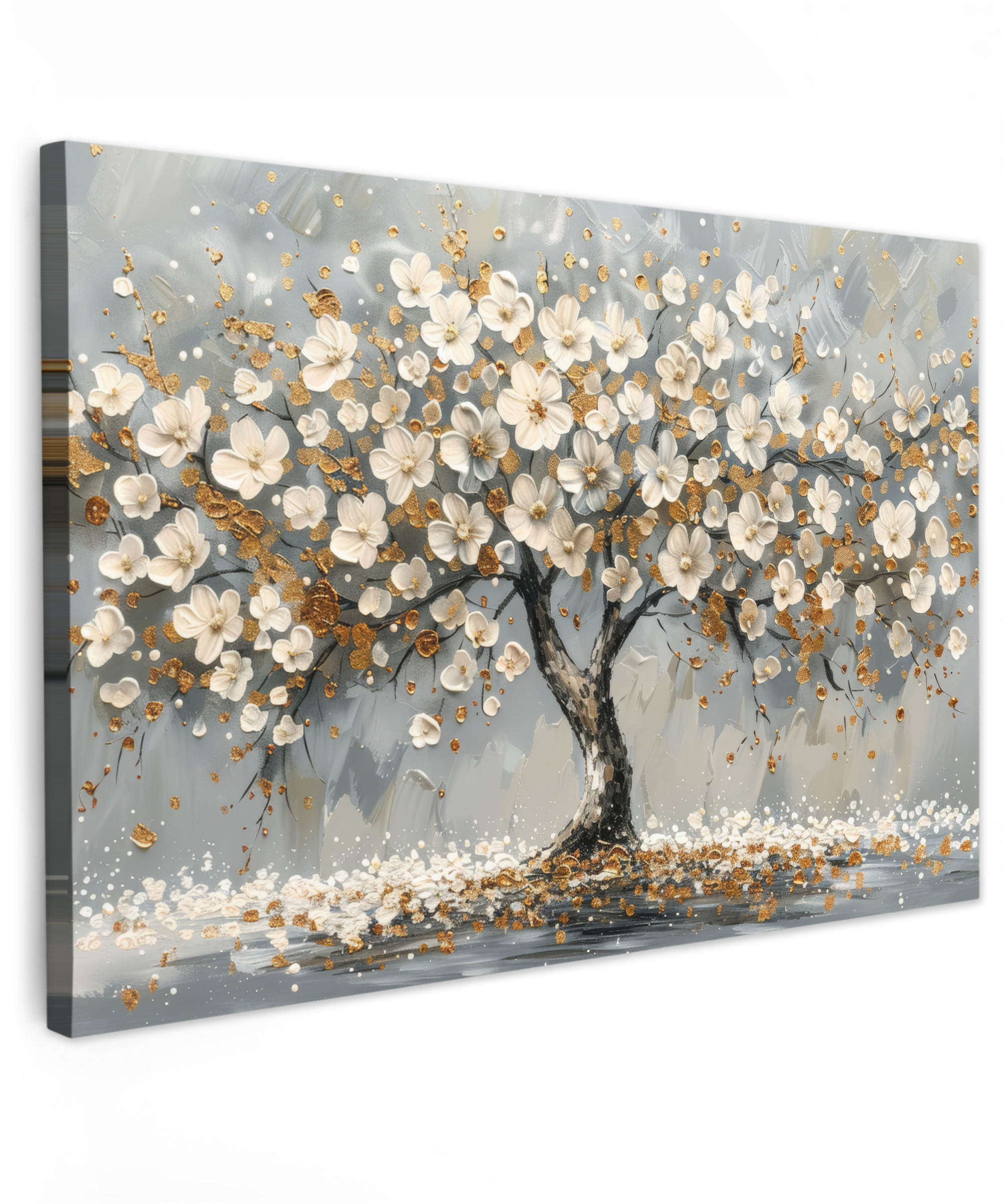 LEINWANDBILD Baum - Blumen - Weiß - Natur - Kunst XXL 150x100 cm - Weiß, Textil (150/100cm) - MuchoWow