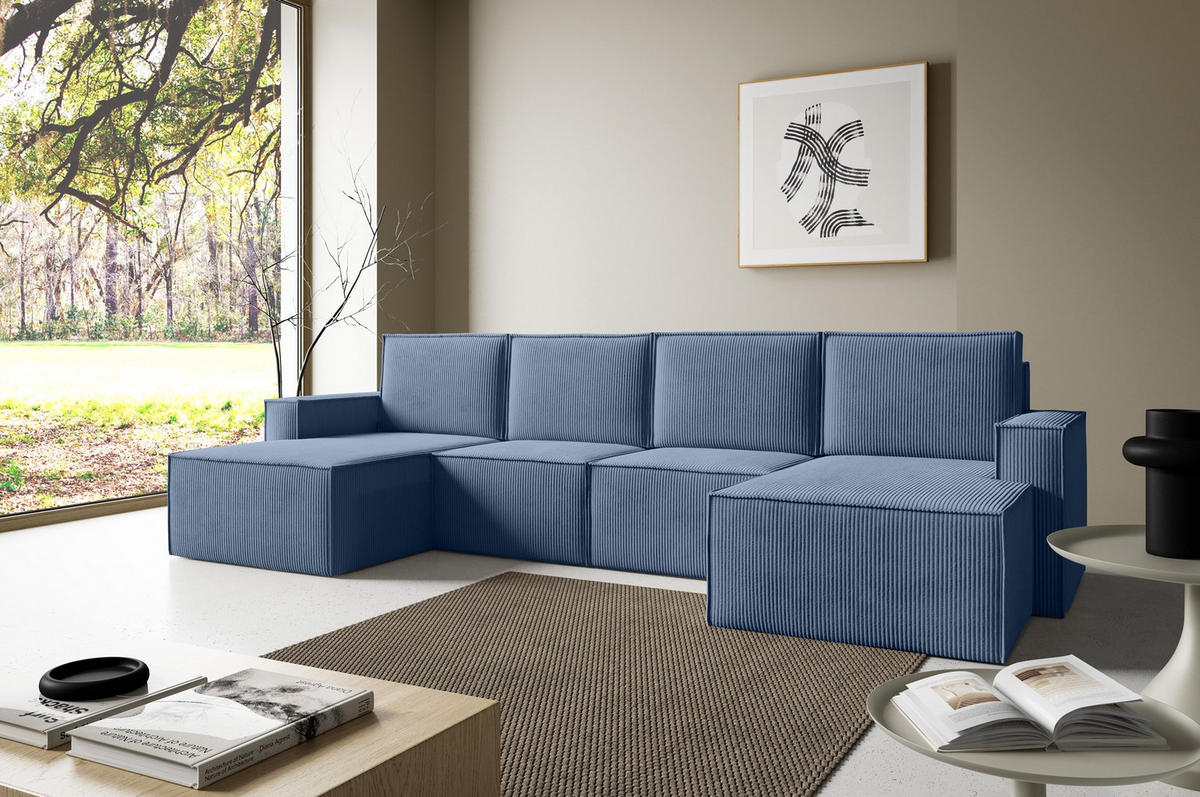 WOHNLANDSHAFT Orto Dunkelblau - Dunkelblau, Holzwerkstoff/Textil (320/93/142cm) - Bettso