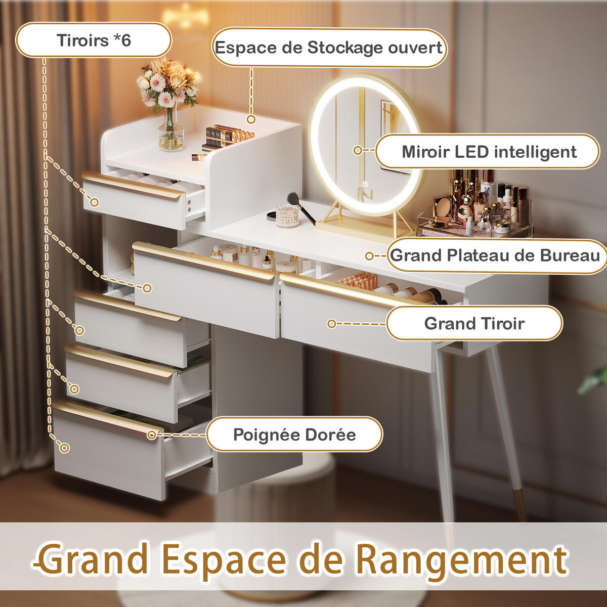 SCHMINKTISCH WEISS mit ausziehbarer Platte LED-Spiegel und 6 Schubladen 102x100x41.5 cm - Weiß, Holzwerkstoff (100/41.5/102cm) - Bomclap