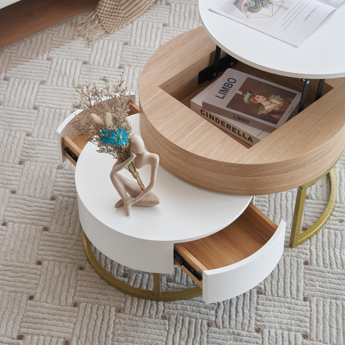 COUCHTISCH-SET aus MDF 70x70x56 cm Weiß und Gold mit höhenverstellbarer Tischplatte und Schublade - Weiß, Holzwerkstoff (70/70/56.5cm) - IVMEU