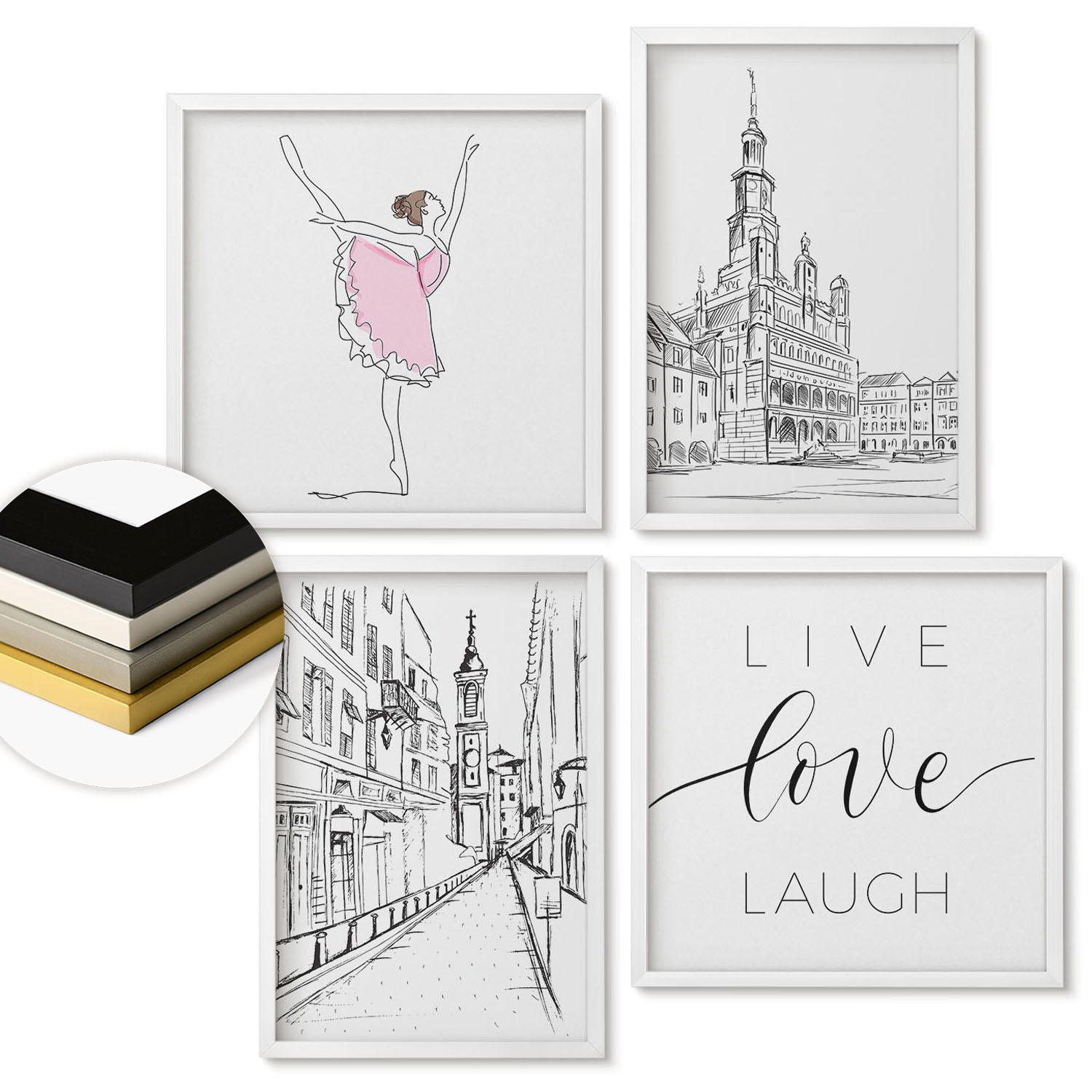 WANDBILDER 4er-Set - 50x50 cm & 40x60 cm Weißer Rahmen - Stilvolle Grafik, Ballerina-Architektur - Weiß, Kunststoff (50/50cm) - ArtPrintCave
