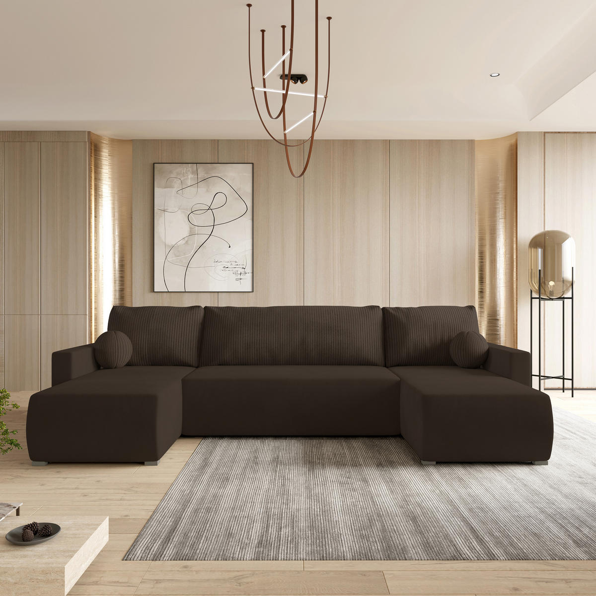 ROHOVÁ SEDAČKA TESSUN hnědá - šedá/hnědá, dřevo/textil (286/143cm) - MASSENO