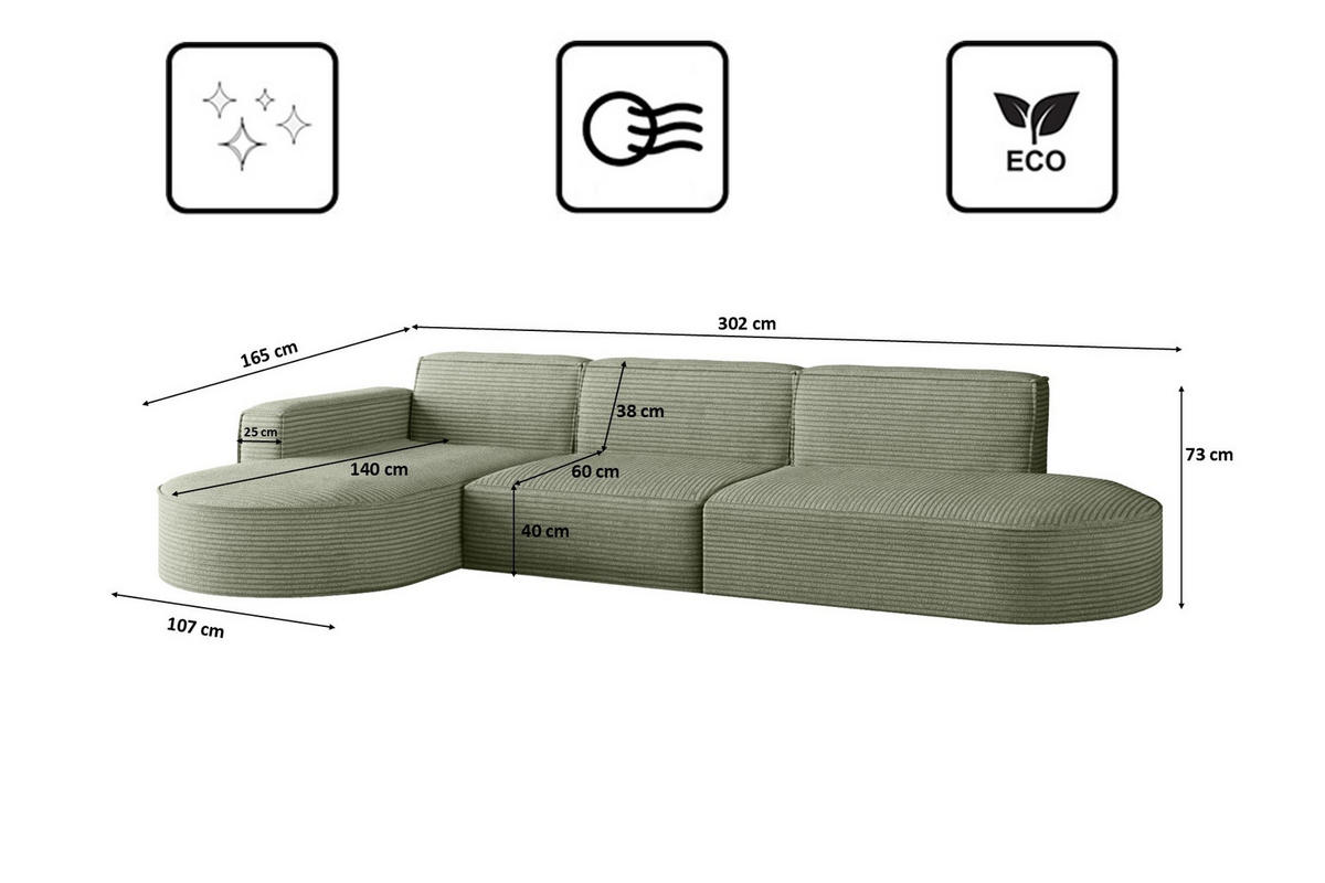 ECKSOFA Designer, Sofa L form MODENA 302 cm stoff Poso Hellgrün Links - Hellgrün, Holz (302/296cm) - Kaiser Möbel