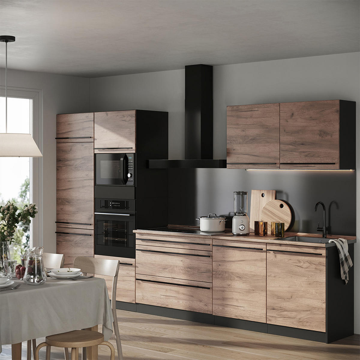 KÜCHENZEILE R-Line, Goldkraft Eiche/Anthrazit, 340 cm Arbeitsplatte Anthrazit - Honigeiche/Anthrazit, Holzwerkstoff (340/206.8/60cm) - Vicco